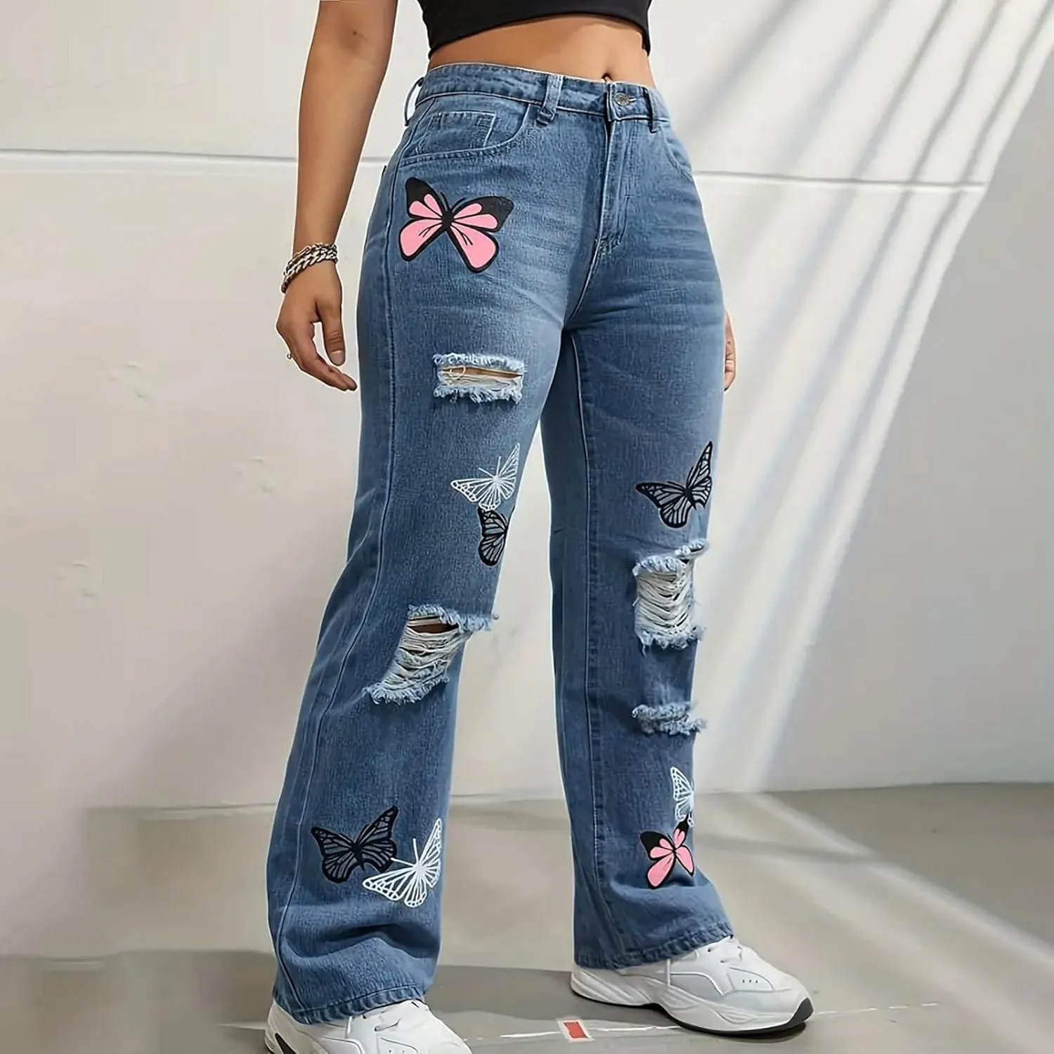 Ripped Jeans for Women High Waisted Trendy 2024 Baggy Printed Barrel Jeans Wide Leg Stretch Bootcut Casual Girls Pant