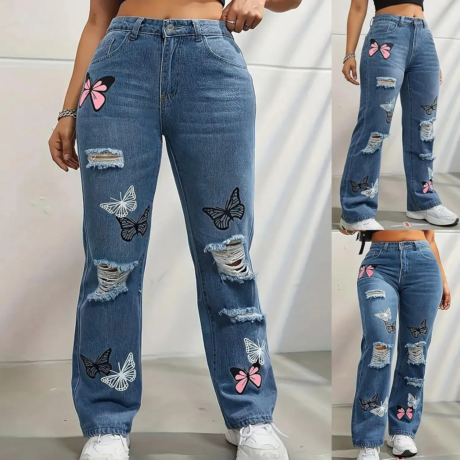 Ripped Jeans for Women High Waisted Trendy 2024 Baggy Printed Barrel Jeans Wide Leg Stretch Bootcut Casual Girls Pant