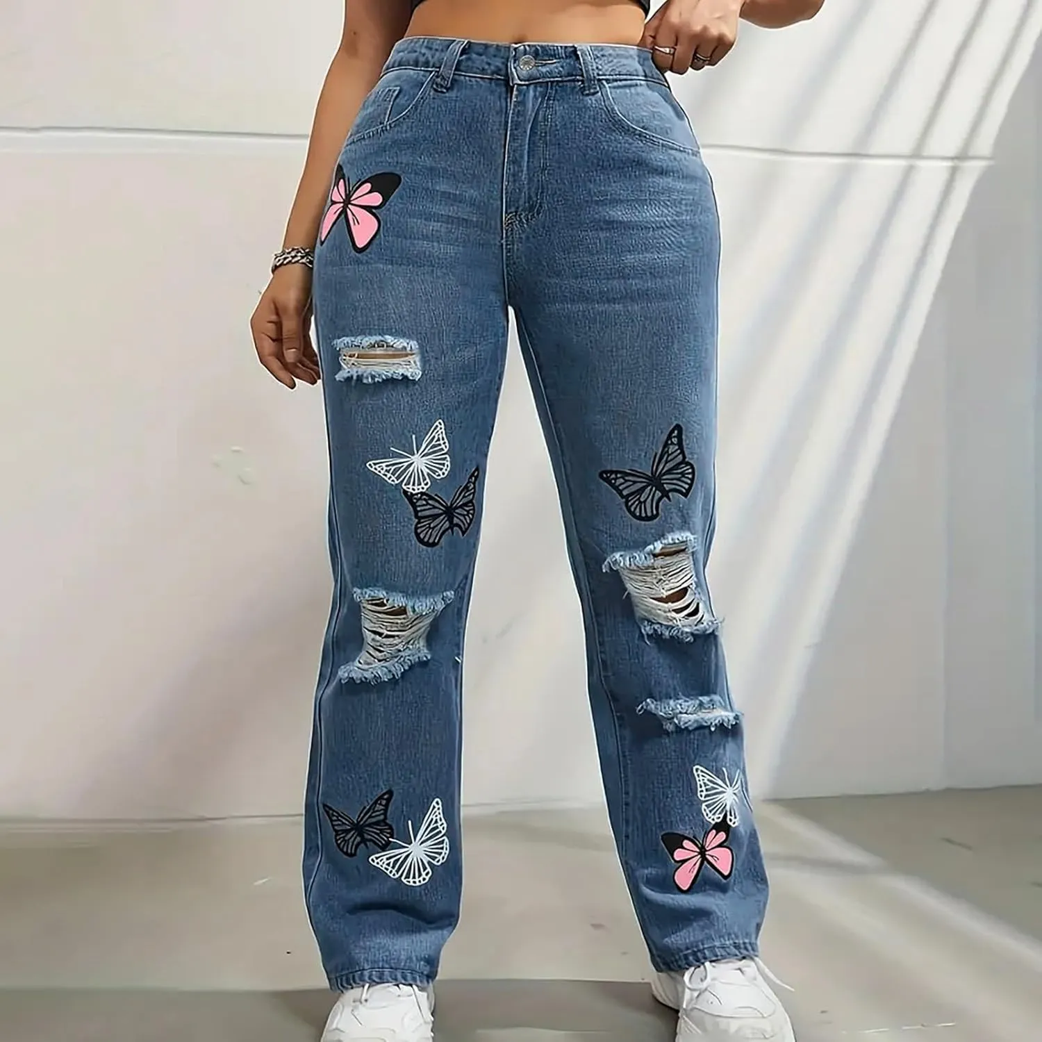 Ripped Jeans for Women High Waisted Trendy 2024 Baggy Printed Barrel Jeans Wide Leg Stretch Bootcut Casual Girls Pant