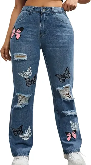 Ripped Jeans for Women High Waisted Trendy 2024 Baggy Printed Barrel Jeans Wide Leg Stretch Bootcut Casual Girls Pant