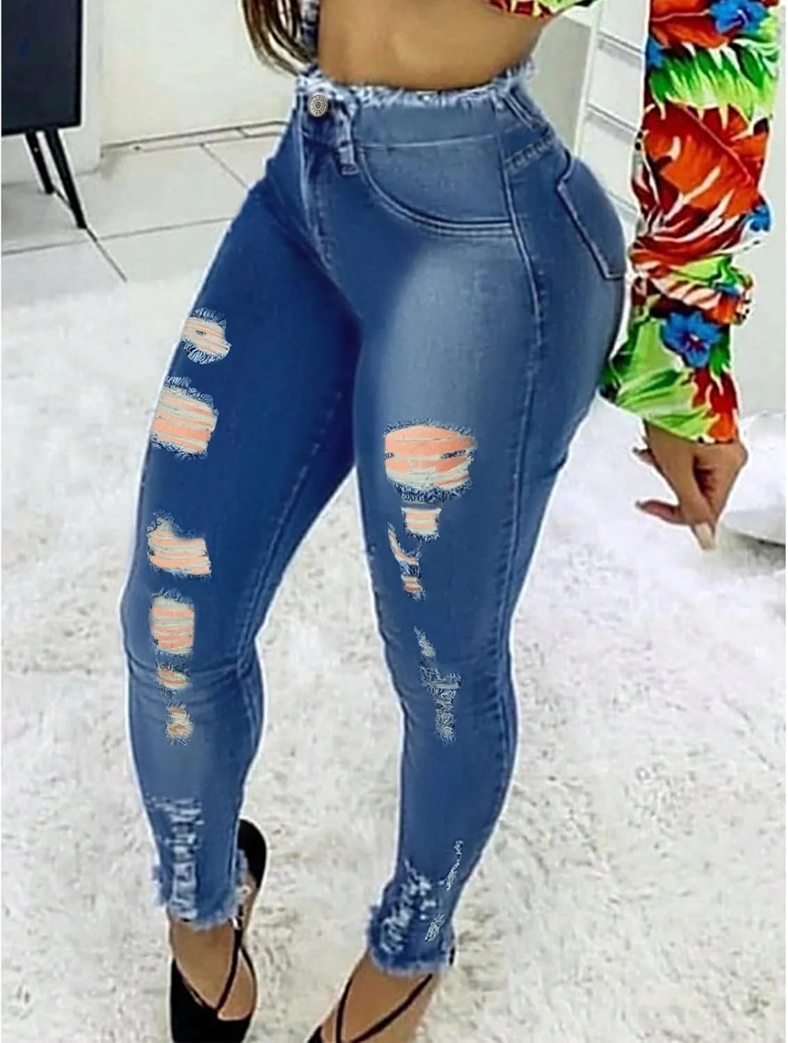 Ripped Skinny Jeans for Women High Rise Distressed Stretchy Cropped Petite Jeans Raw Hem Curvy Jeggings with Pockets