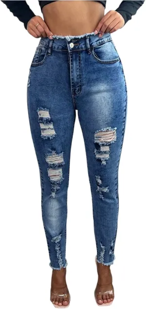 Ripped Skinny Jeans for Women High Rise Distressed Stretchy Cropped Petite Jeans Raw Hem Curvy Jeggings with Pockets
