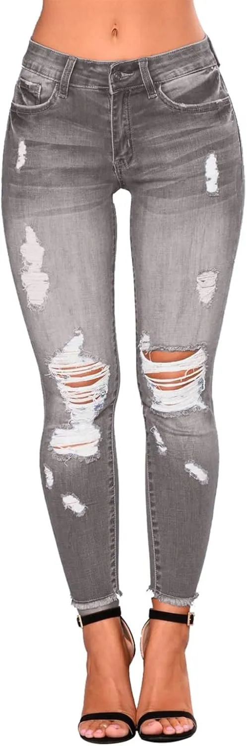 Ripped Skinny Jeans for Women High Waisted Tummy Control Jeggings Slim Fit Distressed Stretchy Denim Pants with Pocket