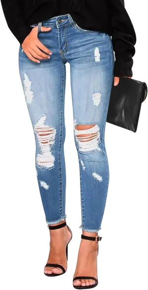 Ripped Skinny Jeans for Women High Waisted Tummy Control Jeggings Slim Fit Distressed Stretchy Denim Pants with Pocket