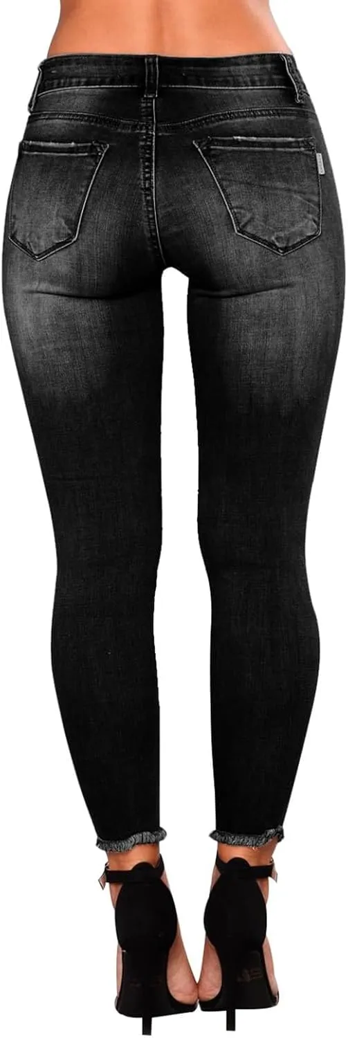 Ripped Skinny Jeans for Women High Waisted Tummy Control Jeggings Slim Fit Distressed Stretchy Denim Pants with Pocket