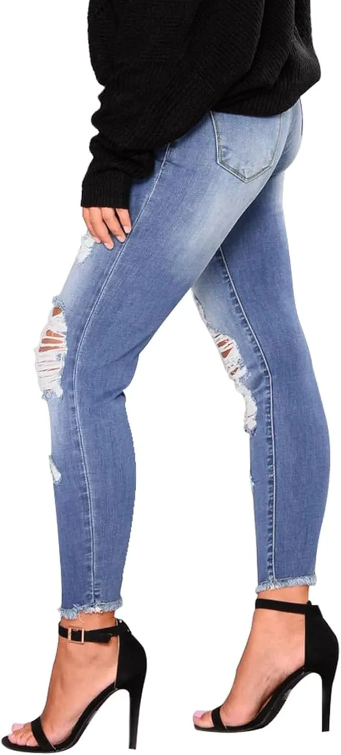 Ripped Skinny Jeans for Women High Waisted Tummy Control Jeggings Slim Fit Distressed Stretchy Denim Pants with Pocket
