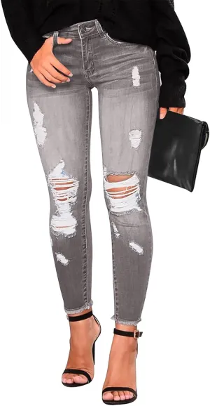 Ripped Skinny Jeans for Women High Waisted Tummy Control Jeggings Slim Fit Distressed Stretchy Denim Pants with Pocket