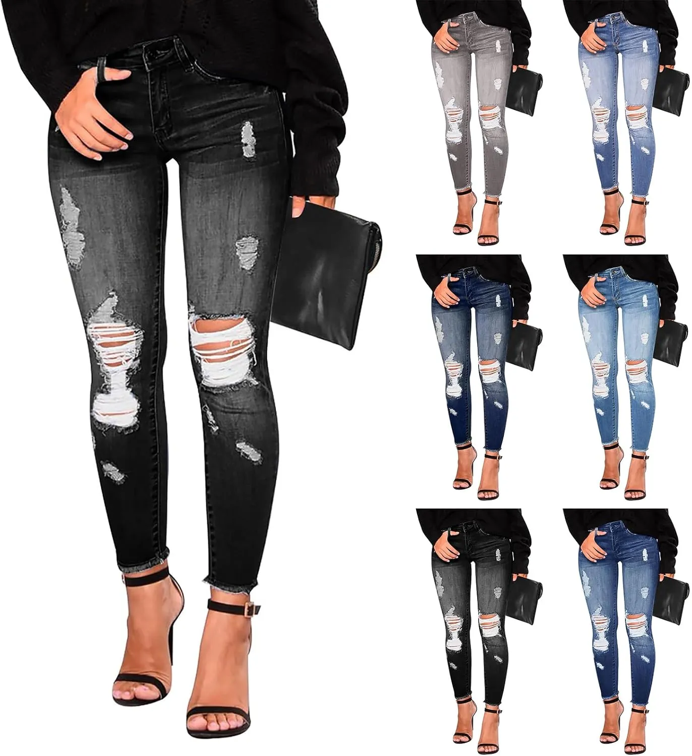 Ripped Skinny Jeans for Women High Waisted Tummy Control Jeggings Slim Fit Distressed Stretchy Denim Pants with Pocket