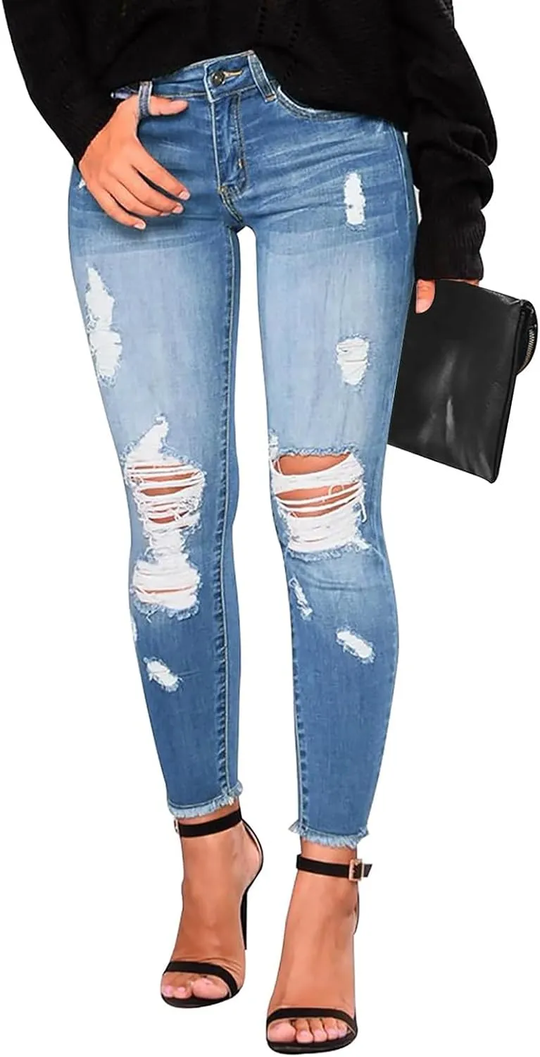 Ripped Skinny Jeans for Women High Waisted Tummy Control Jeggings Slim Fit Distressed Stretchy Denim Pants with Pocket