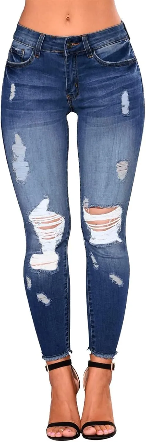 Ripped Skinny Jeans for Women High Waisted Tummy Control Jeggings Slim Fit Distressed Stretchy Denim Pants with Pocket