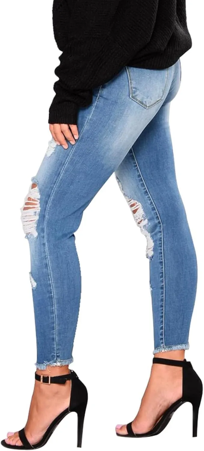 Ripped Skinny Jeans for Women High Waisted Tummy Control Jeggings Slim Fit Distressed Stretchy Denim Pants with Pocket