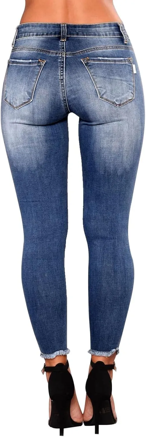 Ripped Skinny Jeans for Women High Waisted Tummy Control Jeggings Slim Fit Distressed Stretchy Denim Pants with Pocket