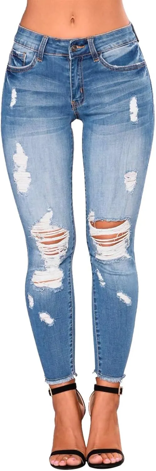 Ripped Skinny Jeans for Women High Waisted Tummy Control Jeggings Slim Fit Distressed Stretchy Denim Pants with Pocket