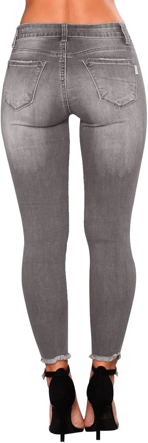 Ripped Skinny Jeans for Women High Waisted Tummy Control Jeggings Slim Fit Distressed Stretchy Denim Pants with Pocket