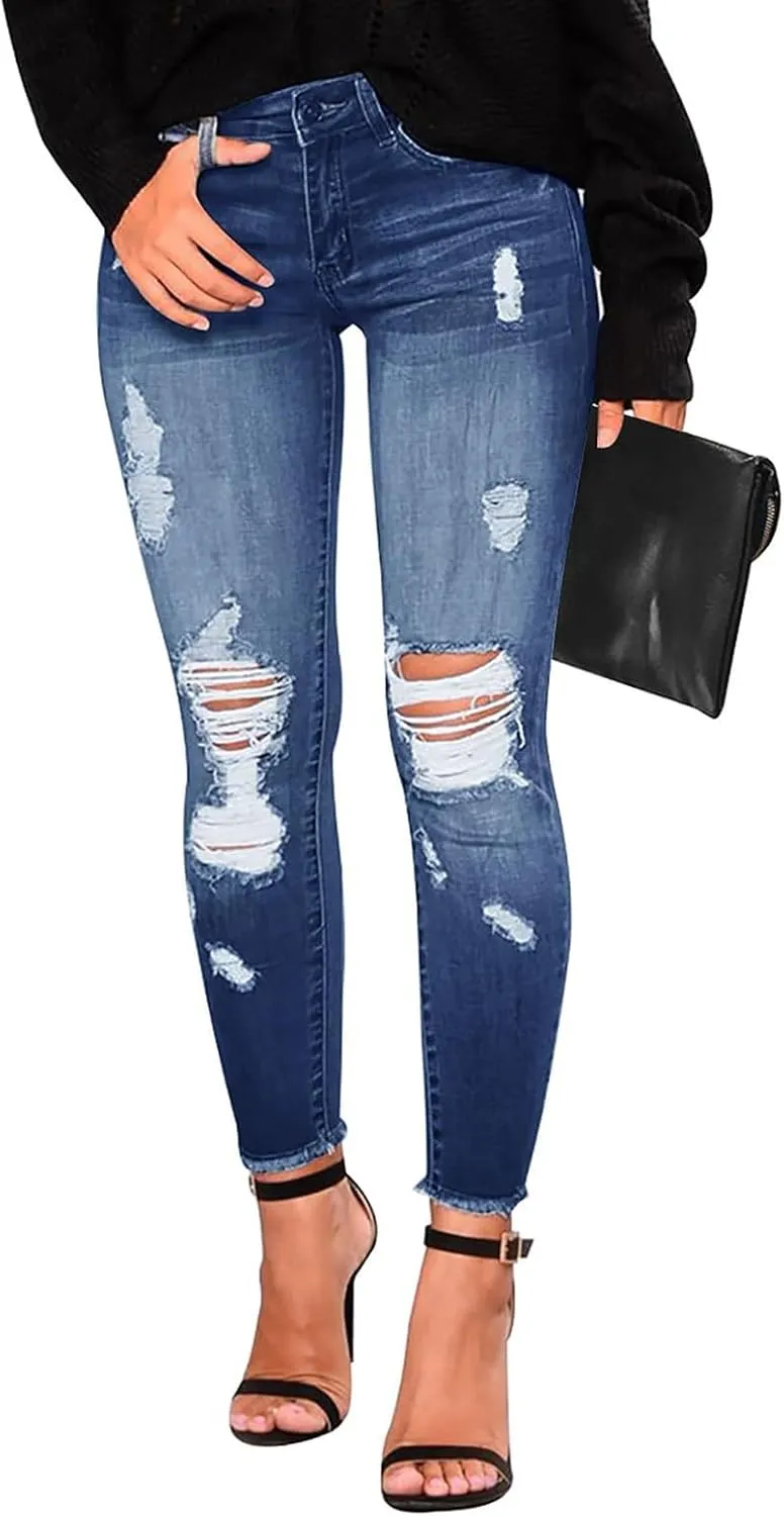 Ripped Skinny Jeans for Women High Waisted Tummy Control Jeggings Slim Fit Distressed Stretchy Denim Pants with Pocket
