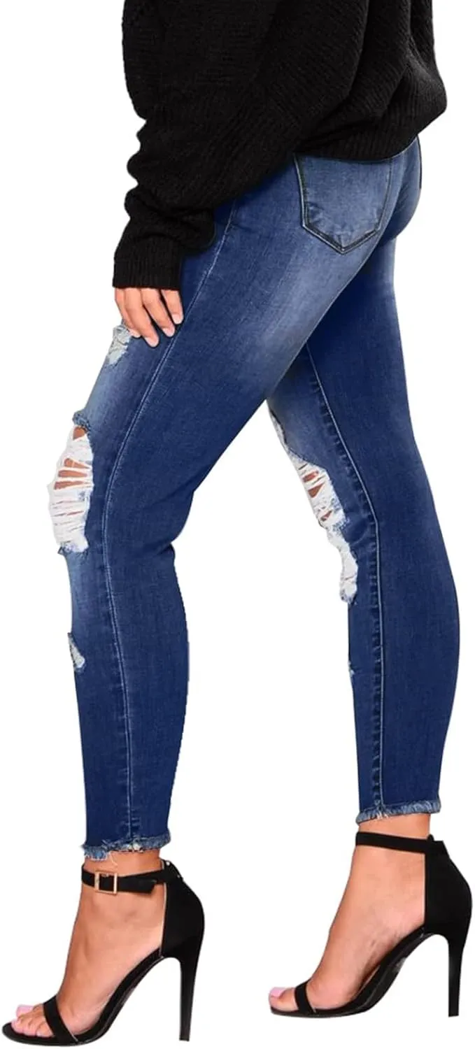 Ripped Skinny Jeans for Women High Waisted Tummy Control Jeggings Slim Fit Distressed Stretchy Denim Pants with Pocket
