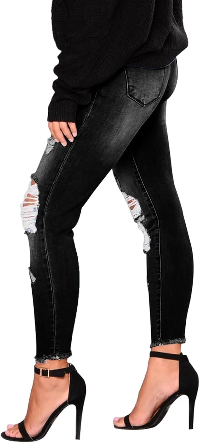 Ripped Skinny Jeans for Women High Waisted Tummy Control Jeggings Slim Fit Distressed Stretchy Denim Pants with Pocket