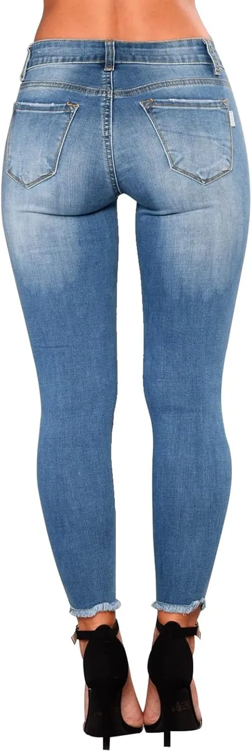 Ripped Skinny Jeans for Women High Waisted Tummy Control Jeggings Slim Fit Distressed Stretchy Denim Pants with Pocket