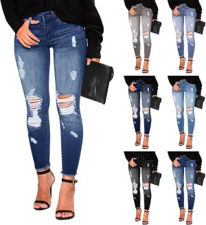 Ripped Skinny Jeans for Women High Waisted Tummy Control Jeggings Slim Fit Distressed Stretchy Denim Pants with Pocket