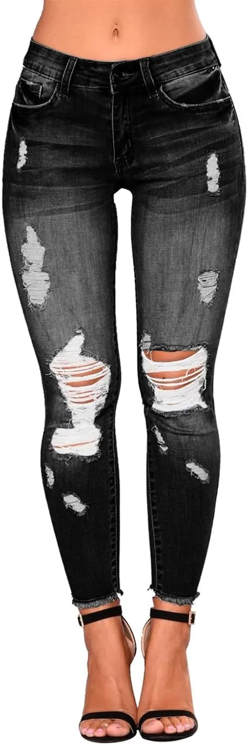 Ripped Skinny Jeans for Women High Waisted Tummy Control Jeggings Slim Fit Distressed Stretchy Denim Pants with Pocket