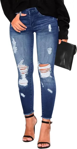 Ripped Skinny Jeans for Women High Waisted Tummy Control Jeggings Slim Fit Distressed Stretchy Denim Pants with Pocket