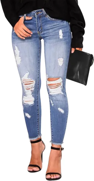 Ripped Skinny Jeans for Women High Waisted Tummy Control Jeggings Slim Fit Distressed Stretchy Denim Pants with Pocket