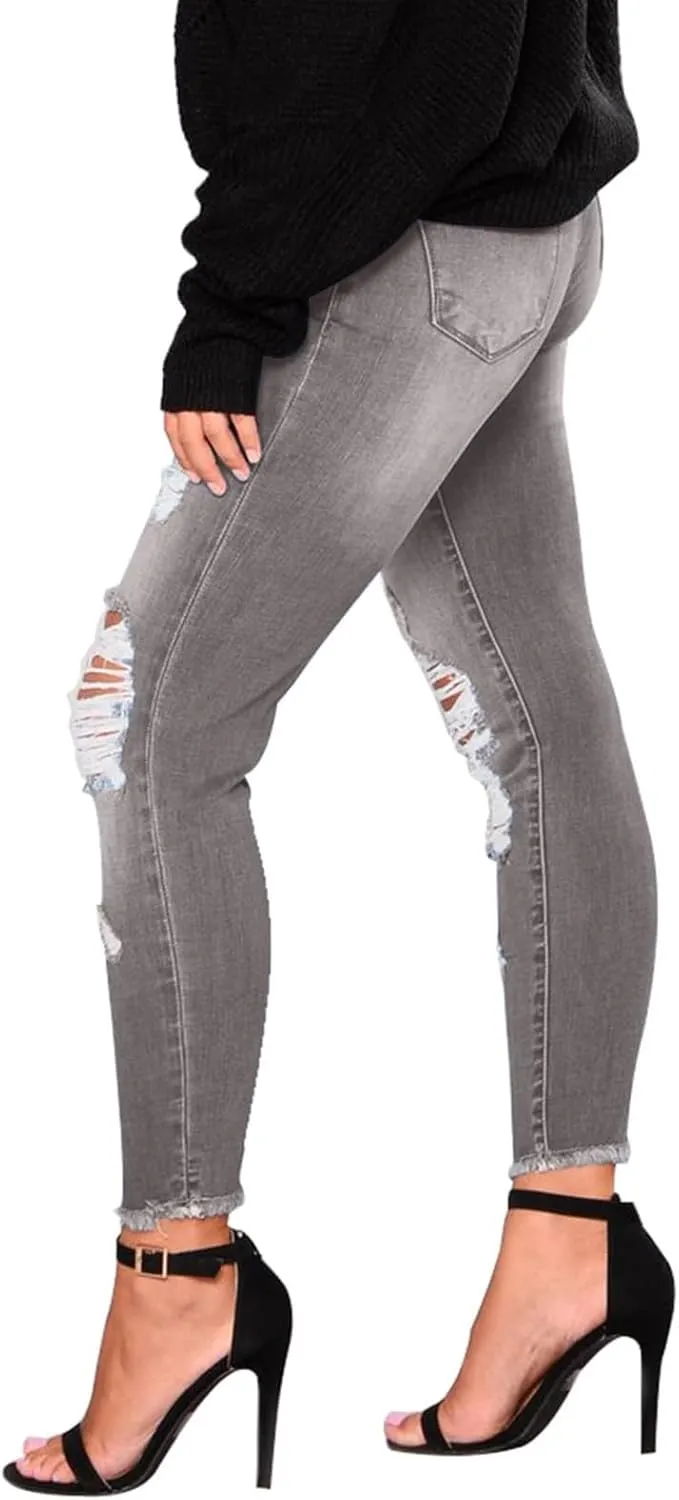 Ripped Skinny Jeans for Women High Waisted Tummy Control Jeggings Slim Fit Distressed Stretchy Denim Pants with Pocket