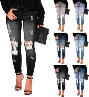Ripped Skinny Jeans for Women High Waisted Tummy Control Jeggings Slim Fit Distressed Stretchy Denim Pants with Pocket