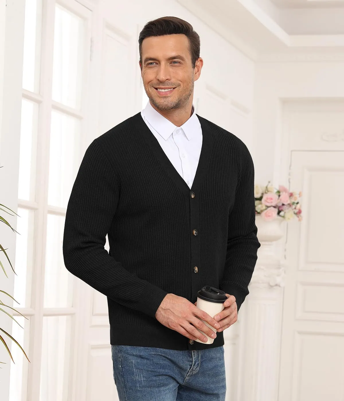 RQP Men's Cardigan Sweaters Long Sleeve V-Neck Sweaters Slim Fit Casual Buttons Down Knitted Sweaters