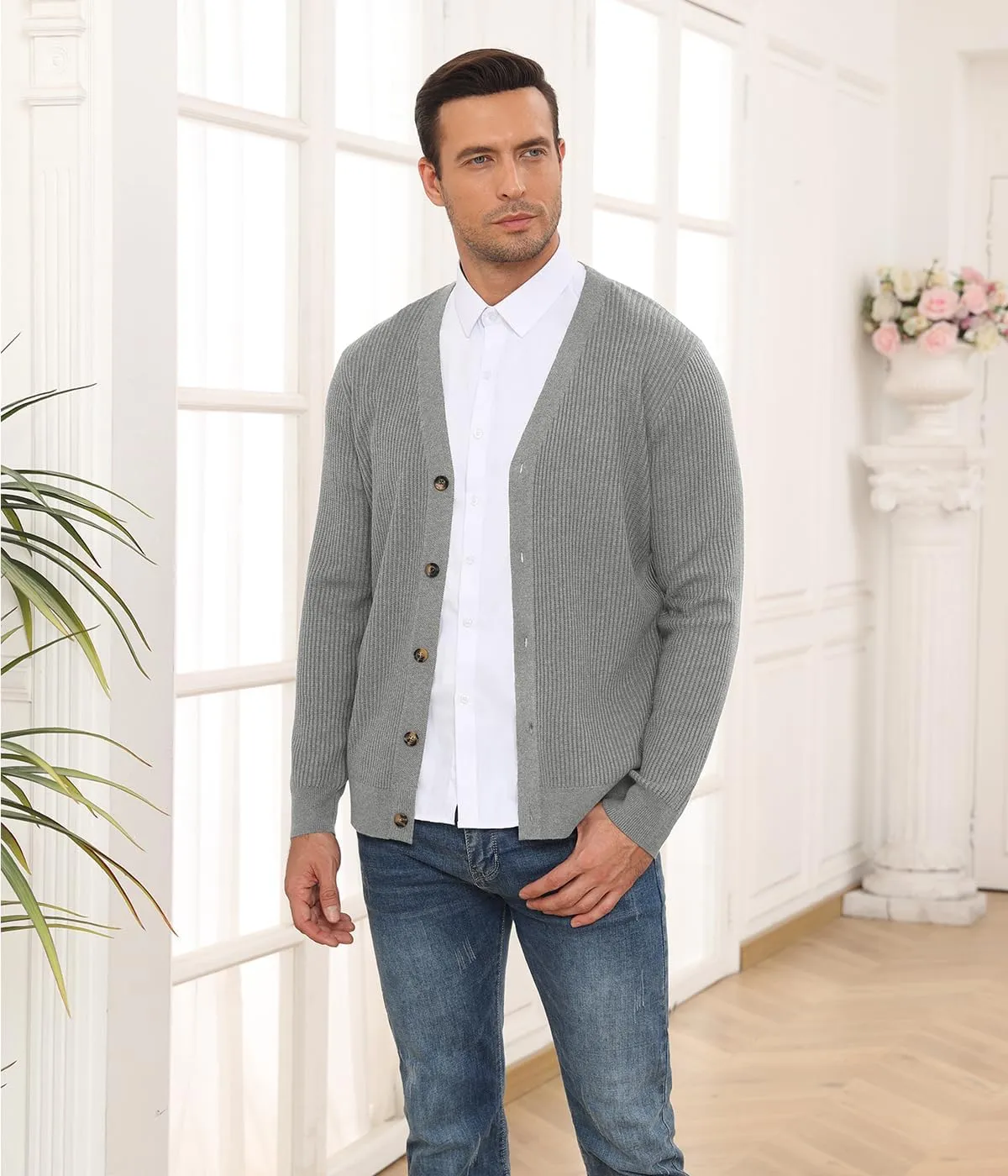 RQP Men's Cardigan Sweaters Long Sleeve V-Neck Sweaters Slim Fit Casual Buttons Down Knitted Sweaters