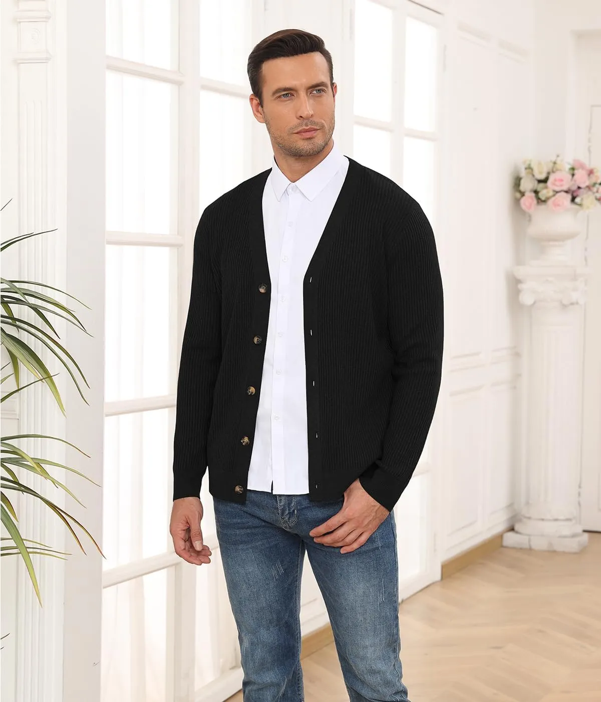 RQP Men's Cardigan Sweaters Long Sleeve V-Neck Sweaters Slim Fit Casual Buttons Down Knitted Sweaters