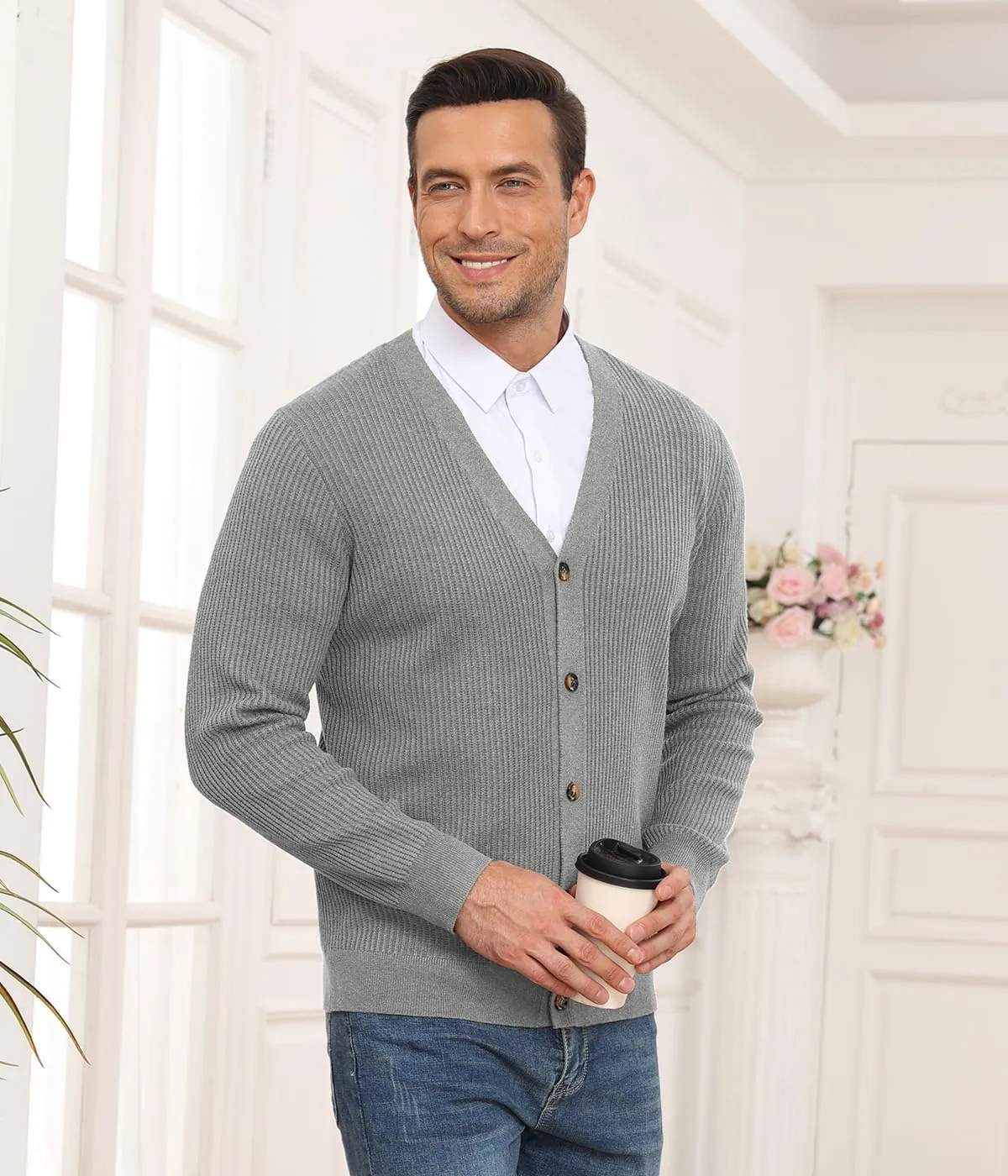 RQP Men's Cardigan Sweaters Long Sleeve V-Neck Sweaters Slim Fit Casual Buttons Down Knitted Sweaters