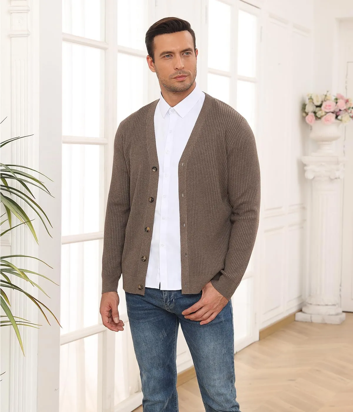RQP Men's Cardigan Sweaters Long Sleeve V-Neck Sweaters Slim Fit Casual Buttons Down Knitted Sweaters