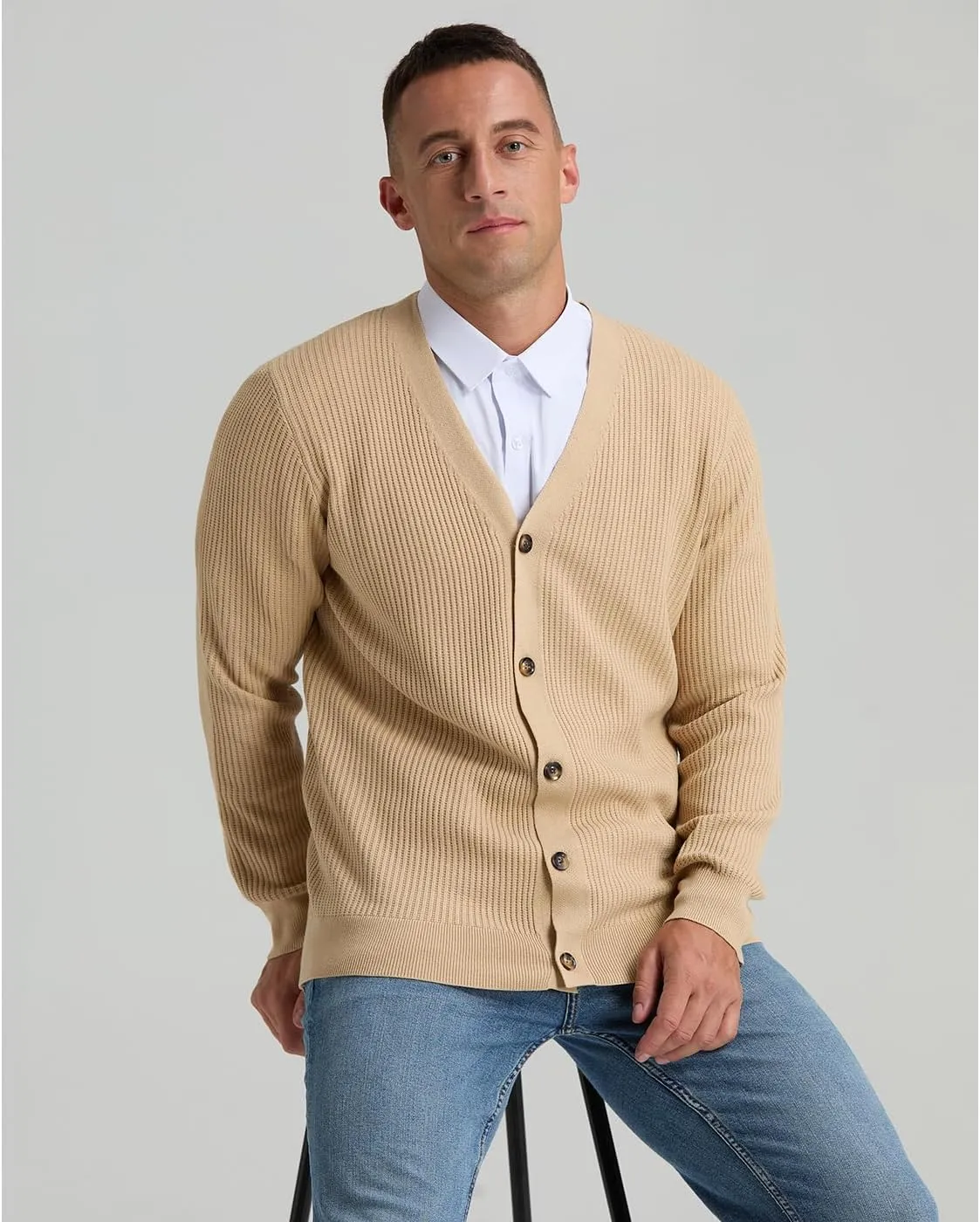 RQP Men's Cardigan Sweaters Long Sleeve V-Neck Sweaters Slim Fit Casual Buttons Down Knitted Sweaters