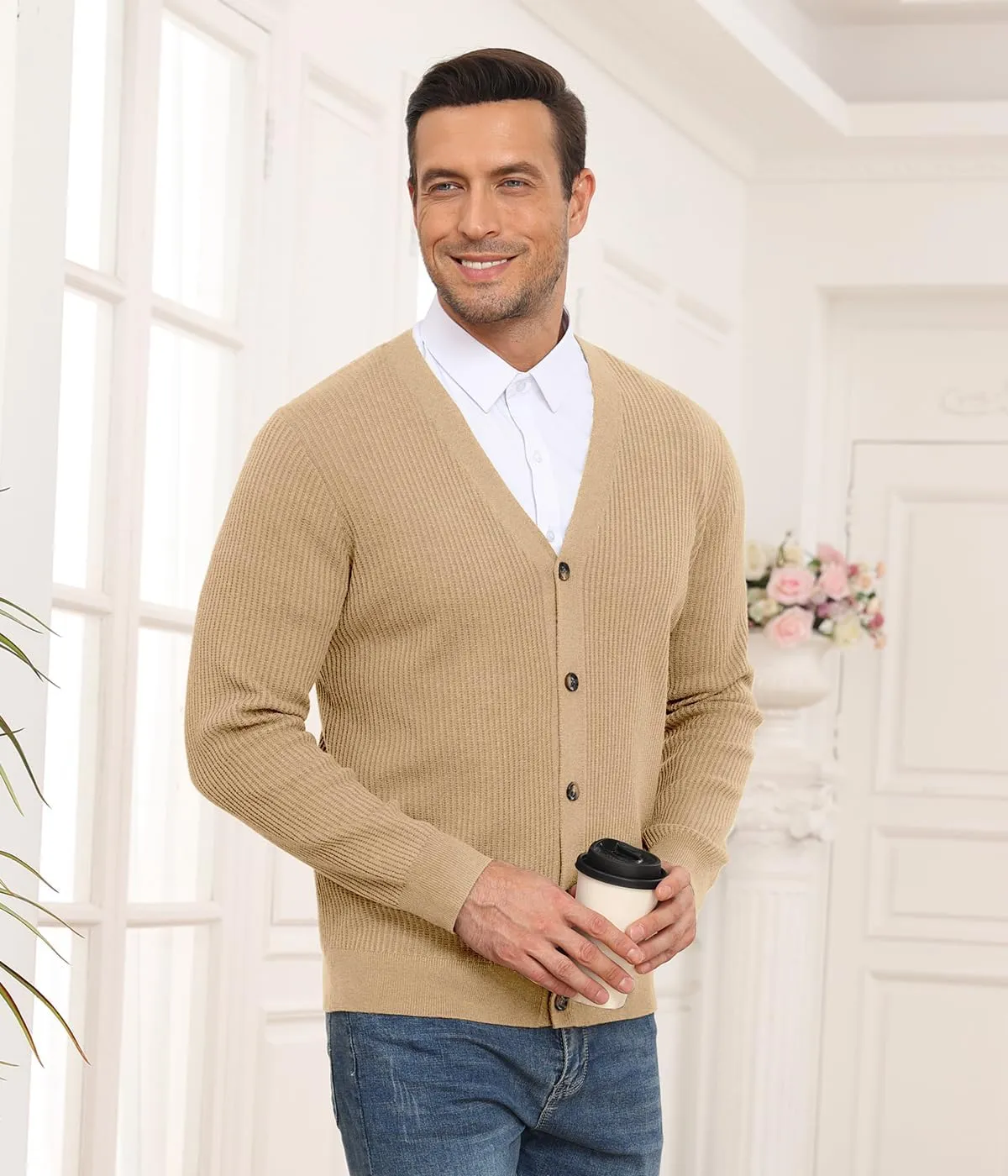RQP Men's Cardigan Sweaters Long Sleeve V-Neck Sweaters Slim Fit Casual Buttons Down Knitted Sweaters