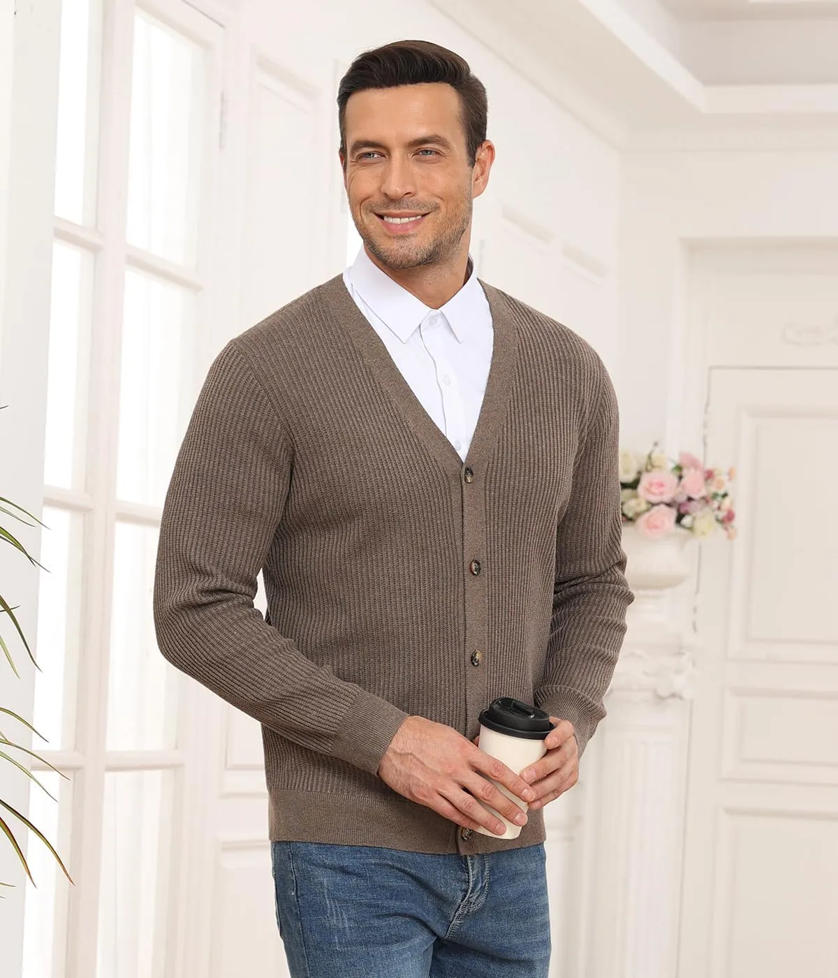 RQP Men's Cardigan Sweaters Long Sleeve V-Neck Sweaters Slim Fit Casual Buttons Down Knitted Sweaters