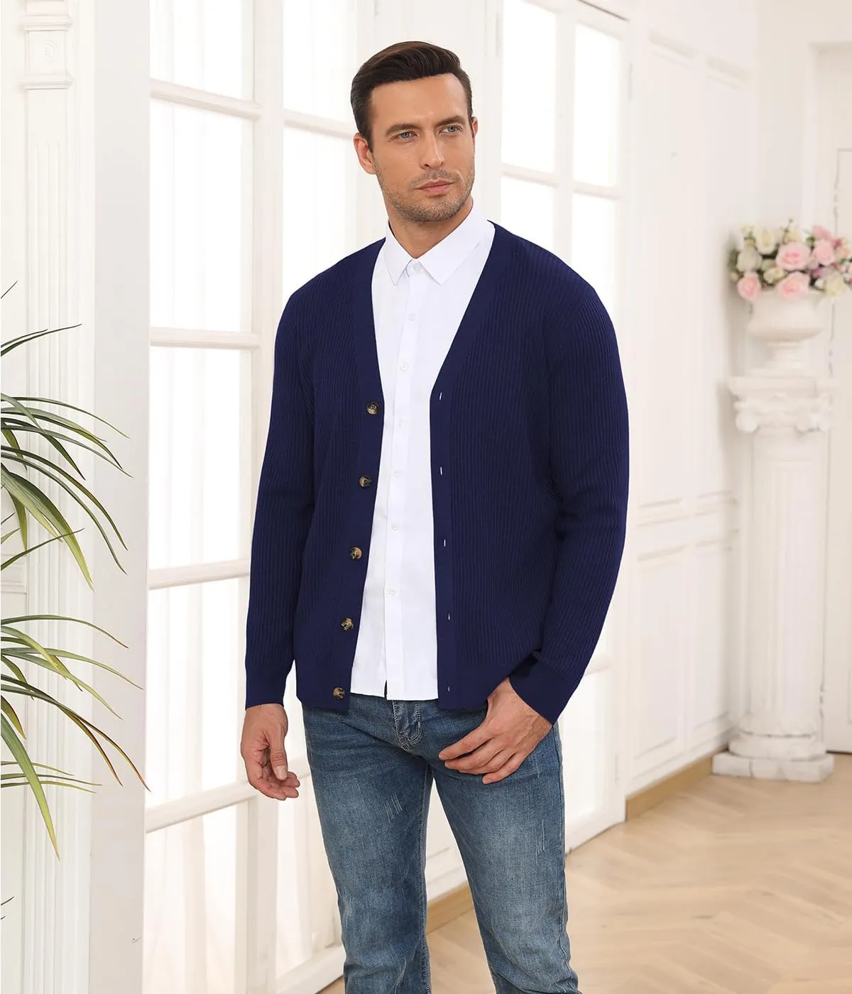 RQP Men's Cardigan Sweaters Long Sleeve V-Neck Sweaters Slim Fit Casual Buttons Down Knitted Sweaters
