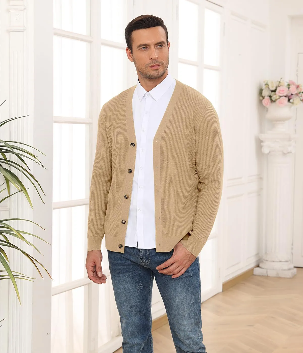 RQP Men's Cardigan Sweaters Long Sleeve V-Neck Sweaters Slim Fit Casual Buttons Down Knitted Sweaters