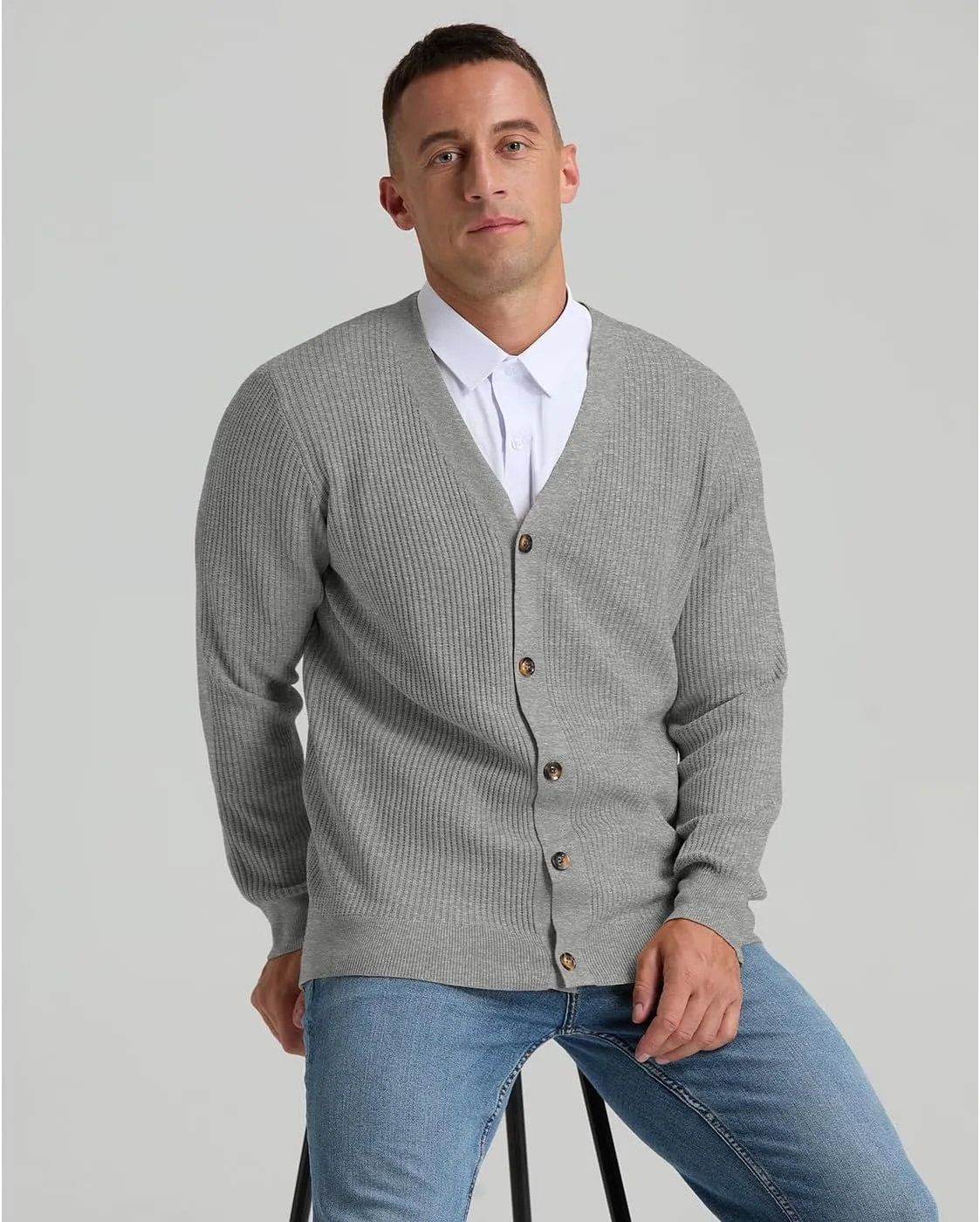 RQP Men's Cardigan Sweaters Long Sleeve V-Neck Sweaters Slim Fit Casual Buttons Down Knitted Sweaters