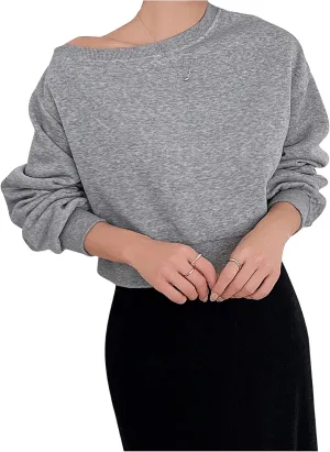 SHENHE Women's Off Shoulder Cropped Sweatshirts Basic Long Sleeve Pullovers Casual Going Out Tops
