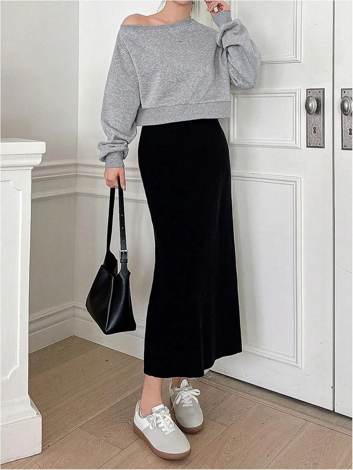 SHENHE Women's Off Shoulder Cropped Sweatshirts Basic Long Sleeve Pullovers Casual Going Out Tops
