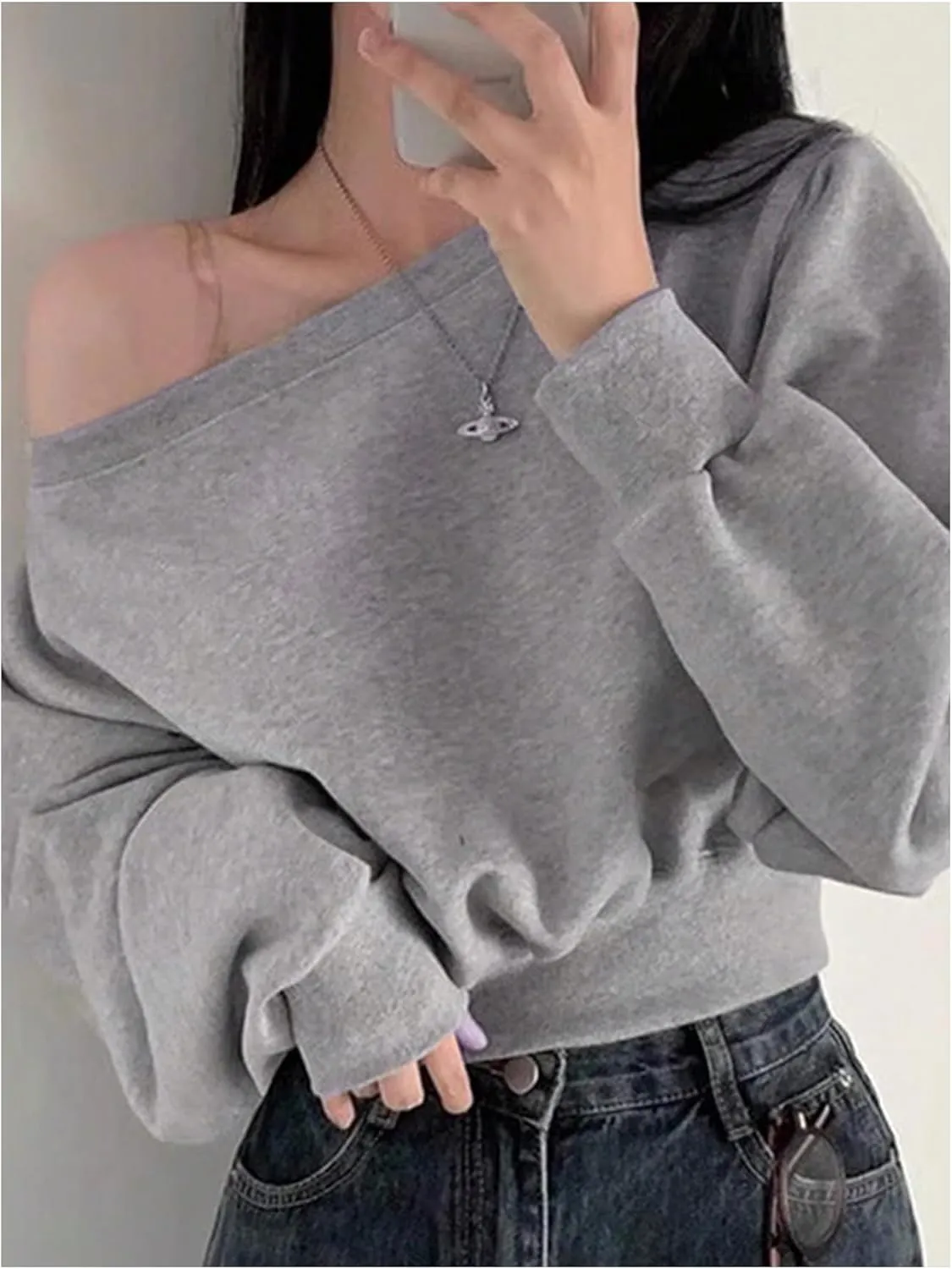 SHENHE Women's Off Shoulder Cropped Sweatshirts Basic Long Sleeve Pullovers Casual Going Out Tops