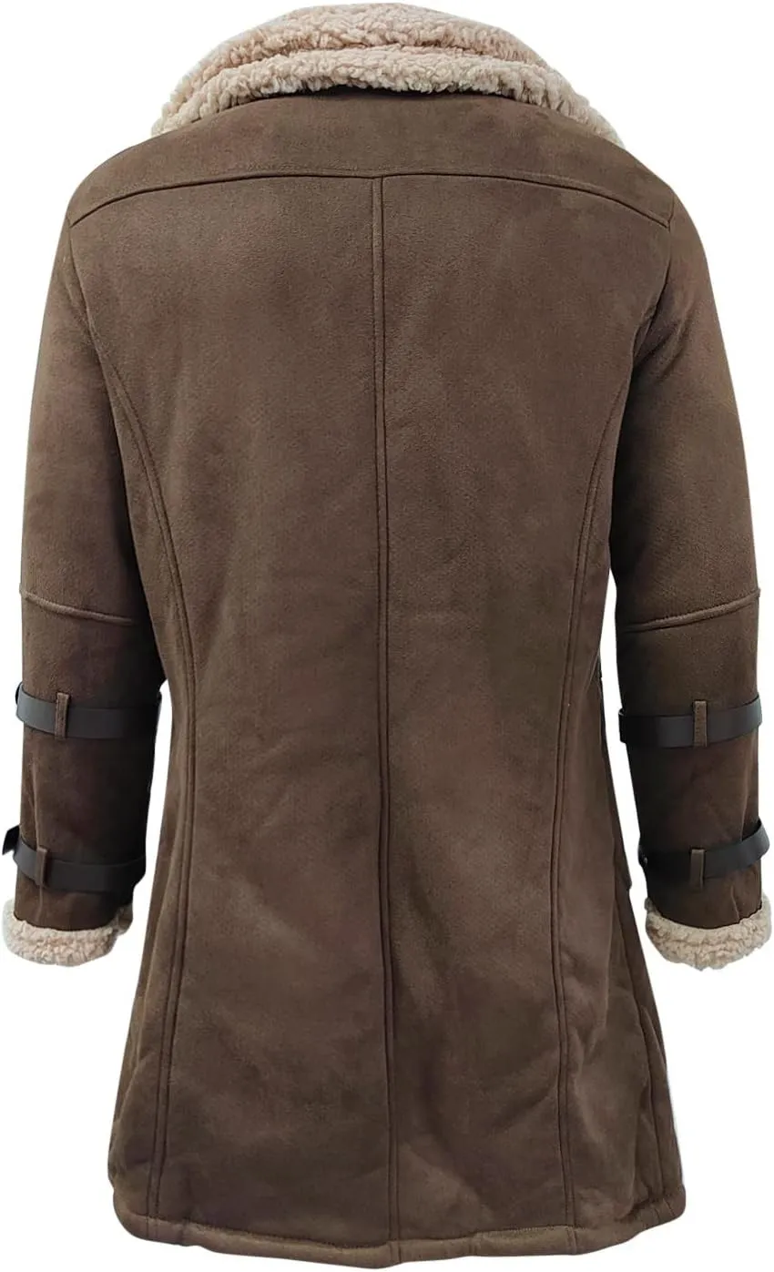 Sherpa Lined Long Jacket Men Faux Leather Shearling Jacket Fur Collar Long Trench Coats Winter Outerwear Fleece Coat