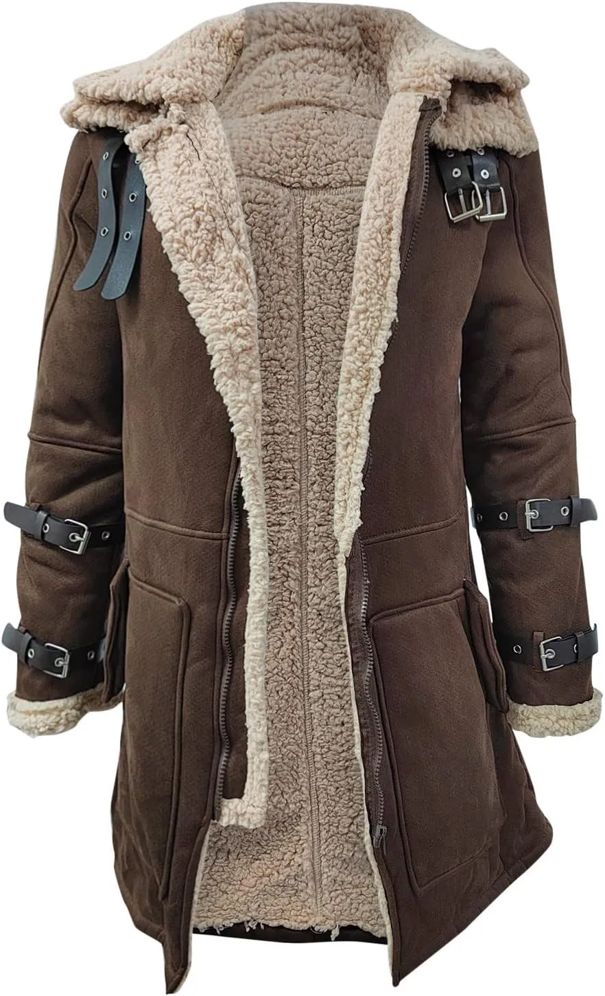 Sherpa Lined Long Jacket Men Faux Leather Shearling Jacket Fur Collar Long Trench Coats Winter Outerwear Fleece Coat