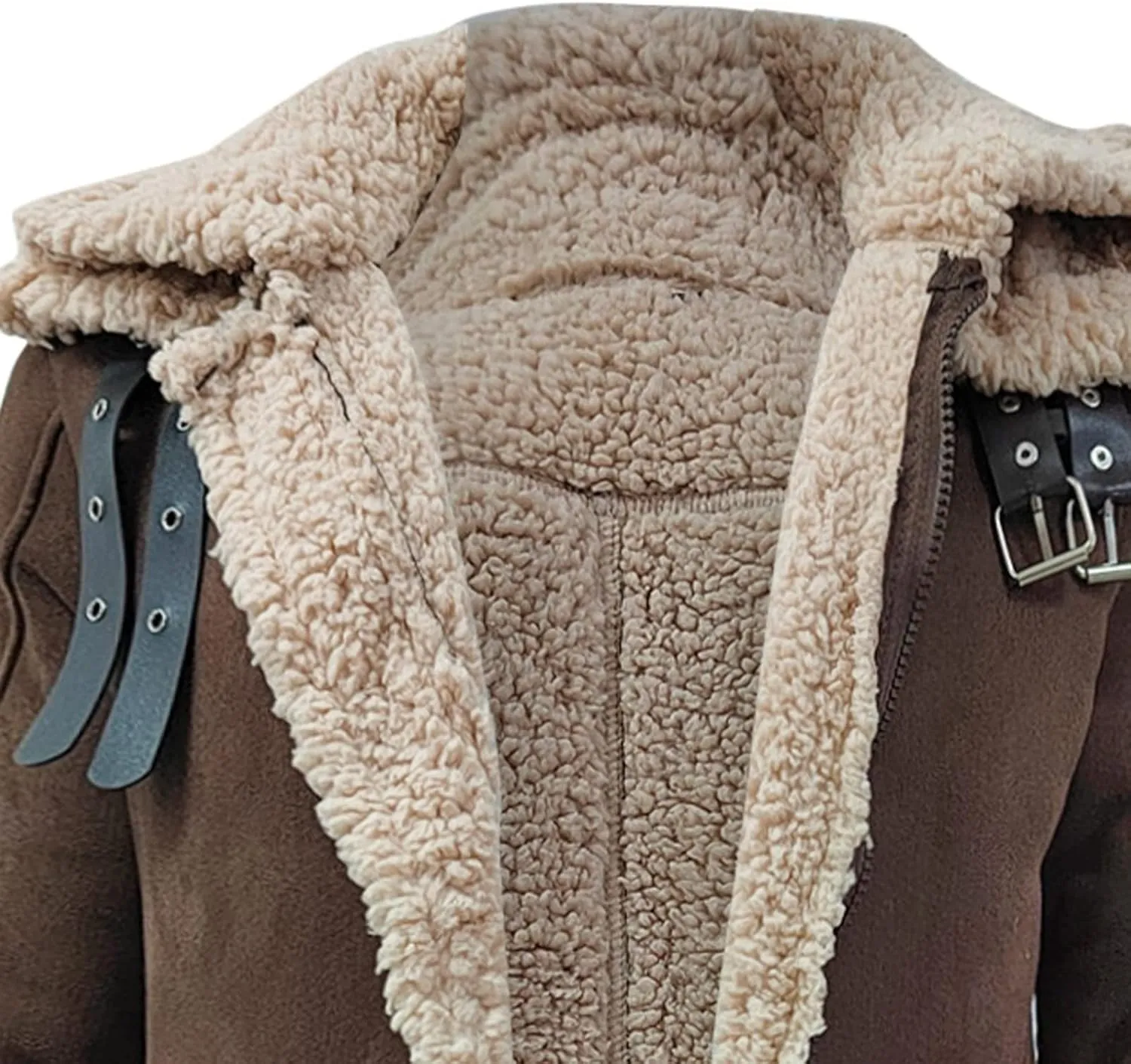 Sherpa Lined Long Jacket Men Faux Leather Shearling Jacket Fur Collar Long Trench Coats Winter Outerwear Fleece Coat