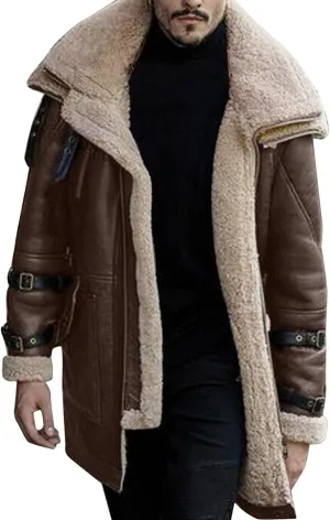 Sherpa Lined Long Jacket Men Faux Leather Shearling Jacket Fur Collar Long Trench Coats Winter Outerwear Fleece Coat