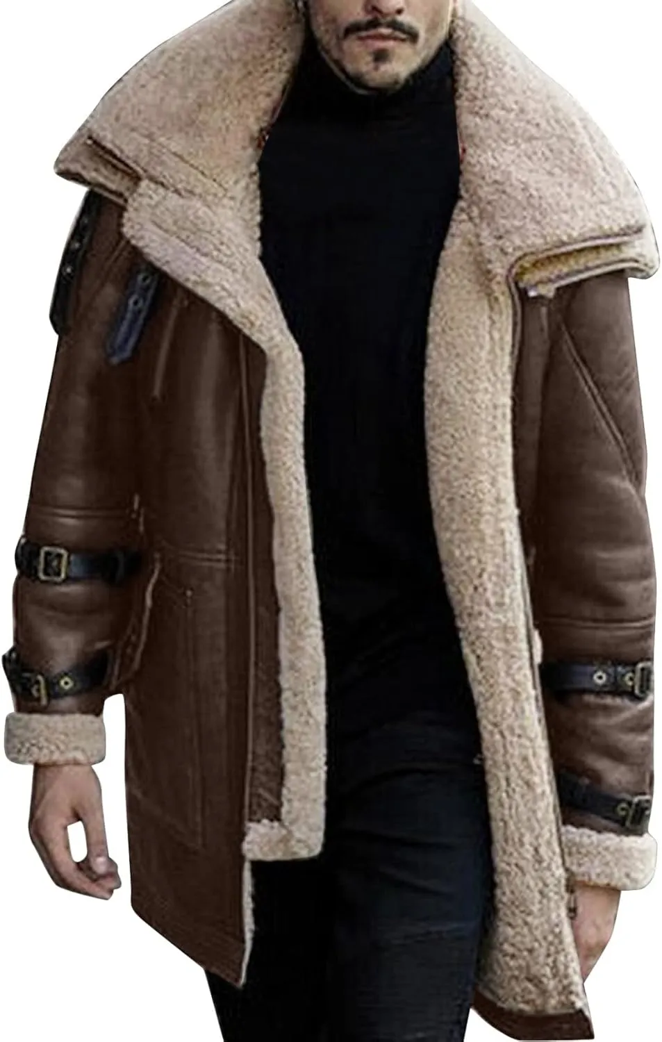 Sherpa Lined Long Jacket Men Faux Leather Shearling Jacket Fur Collar Long Trench Coats Winter Outerwear Fleece Coat