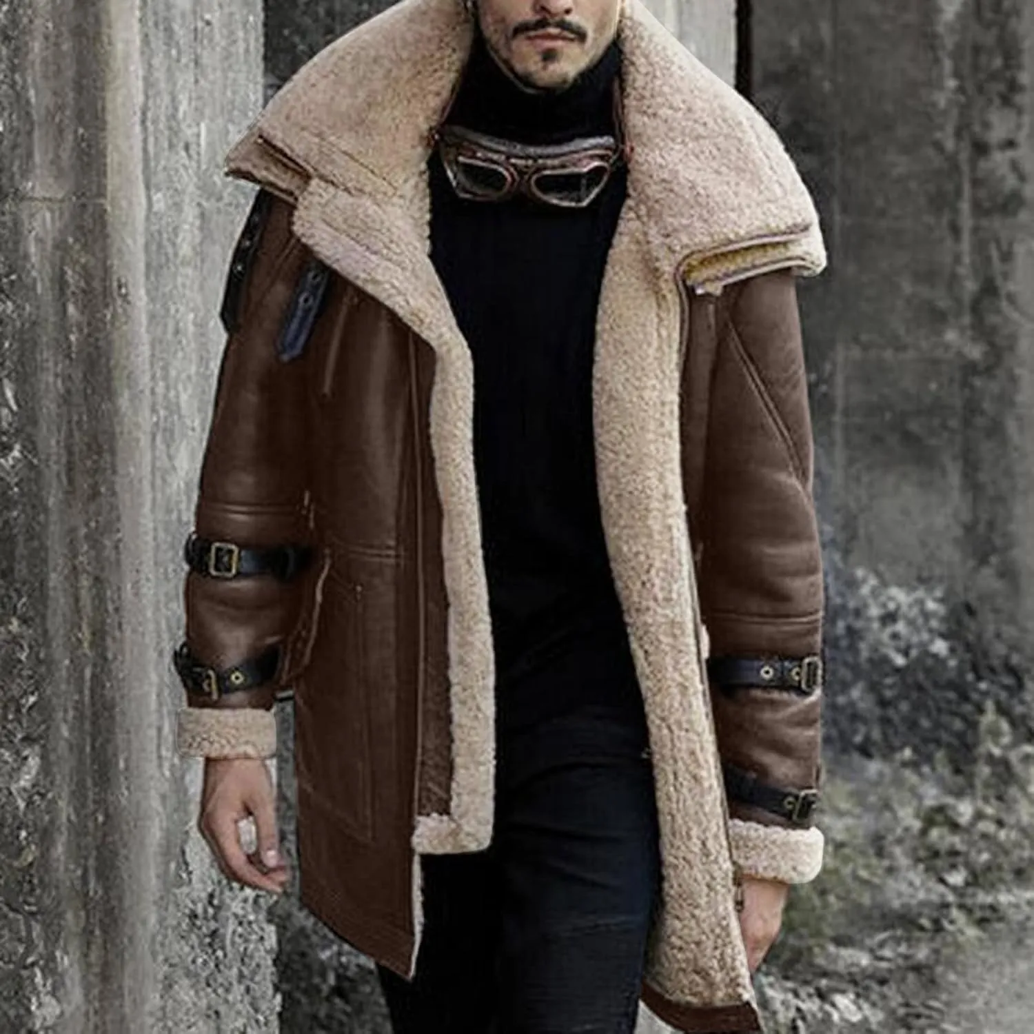 Sherpa Lined Long Jacket Men Faux Leather Shearling Jacket Fur Collar Long Trench Coats Winter Outerwear Fleece Coat