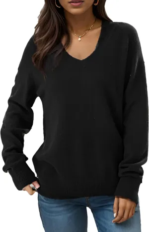 Simple&Opulence Women’s V Neck Sweaters Long Sleeve Ribbed Soft Knit Pullover Cozy Lightweight Casual Tops