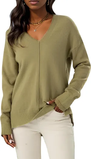 Simple&Opulence Women’s V Neck Sweaters Long Sleeve Ribbed Soft Knit Pullover Cozy Lightweight Casual Tops